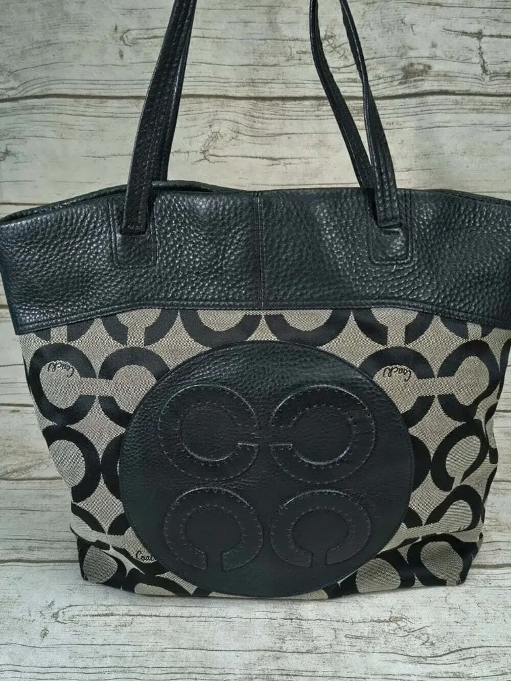 Coach Black & Beige Op Art Signature Canvas Large Tote Bag